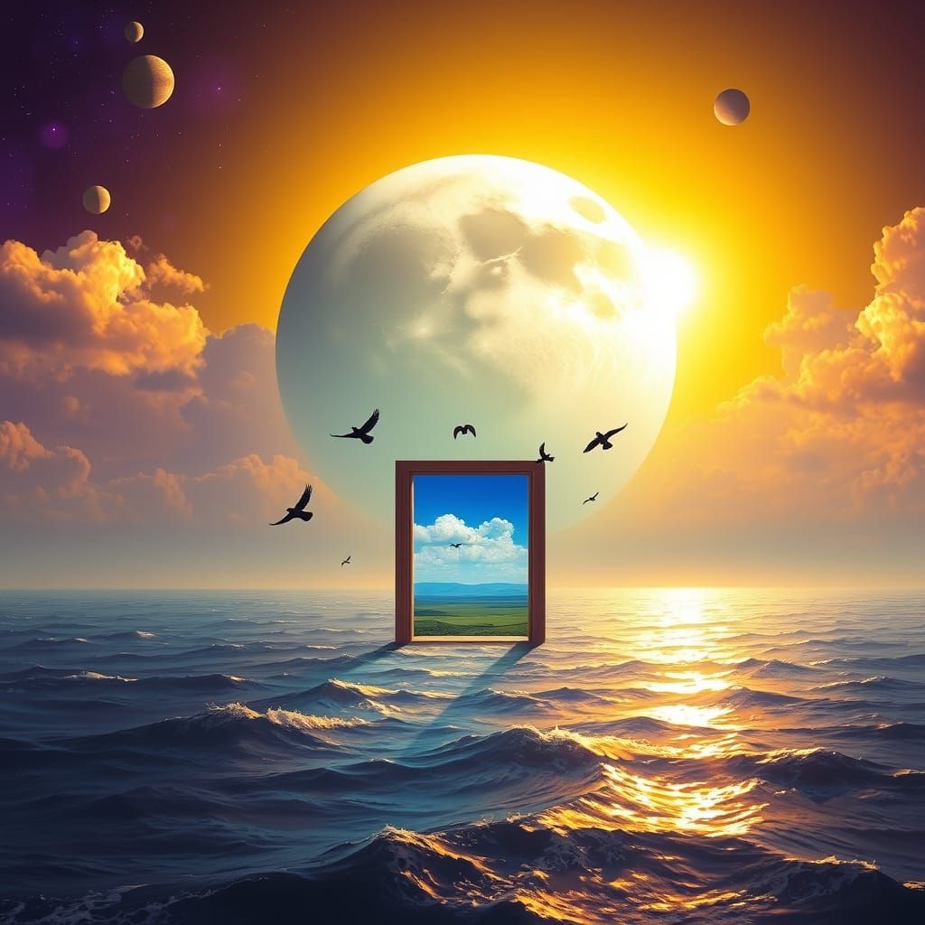 Surreal Dreamscape: Ocean, Moon, and Portal