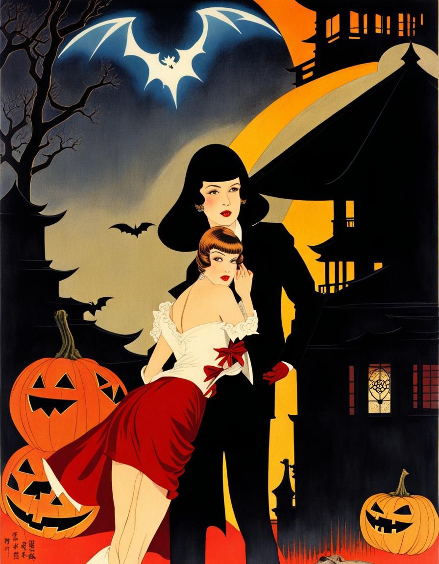 16k resolution, art by Goyo Hashiguchi and Takabatake Kasho. Taisho-era Halloween lesbian pulp fiction collage cover. Vi...