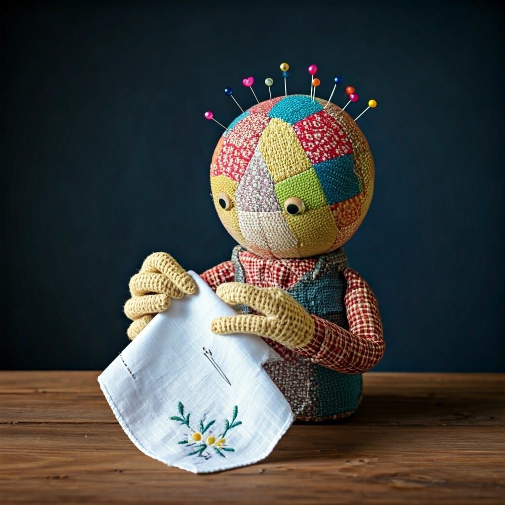 Vibrant Patchwork Pincushion Embroiders a Handkerchief in Wh...