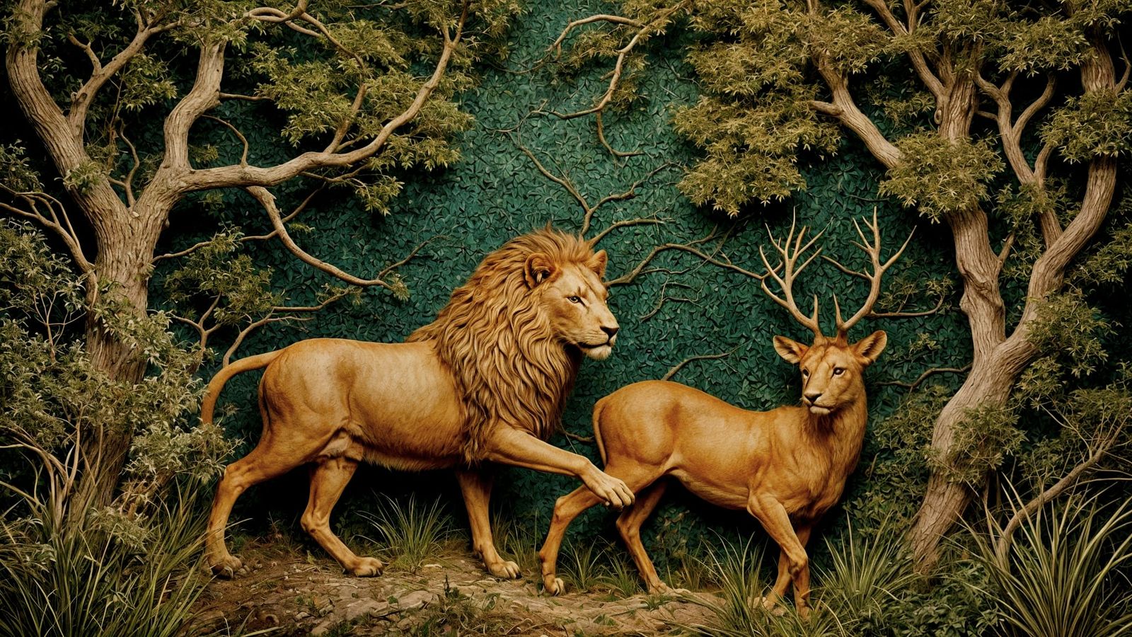 Lion Hunting Deer in Medieval Tapestry Style