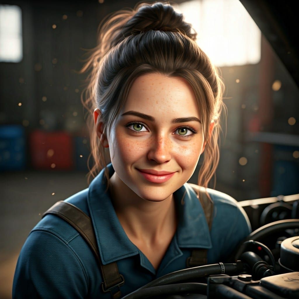 Smiling Mechanic Looks Up From Engine Repair