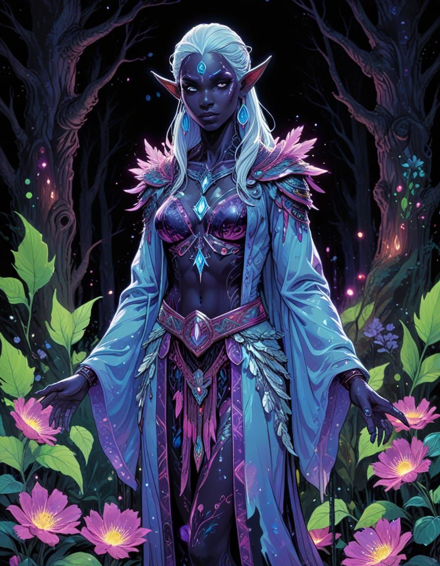 Dark Fantasy Dark Elf in Vibrant Forest, Shimmering with Mag...