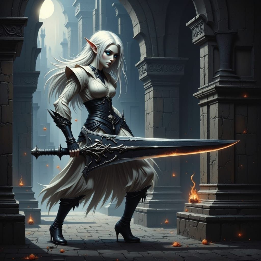 Albino Elf Warrior Seeks Escape in Dark Fantasy Corridor