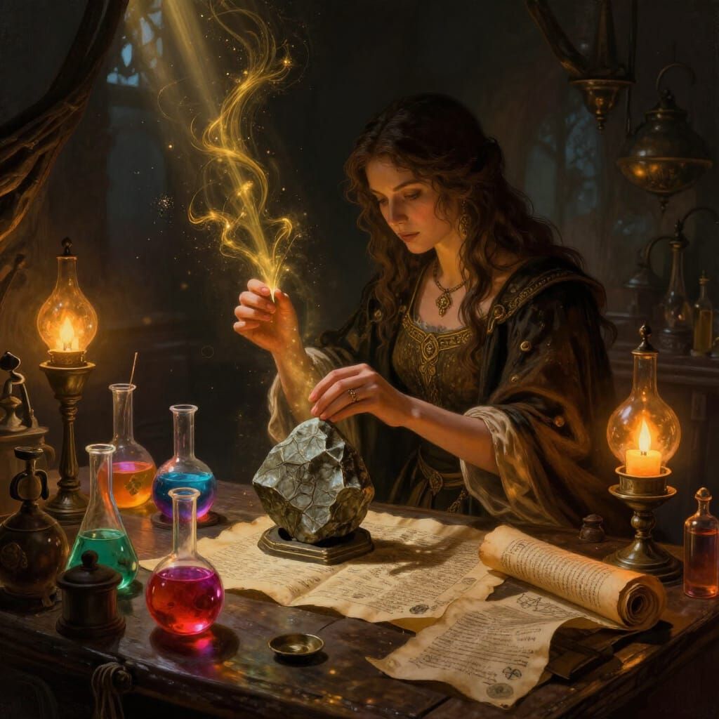 Alchemist Seeks Philosopher's Stone in Magical Lab