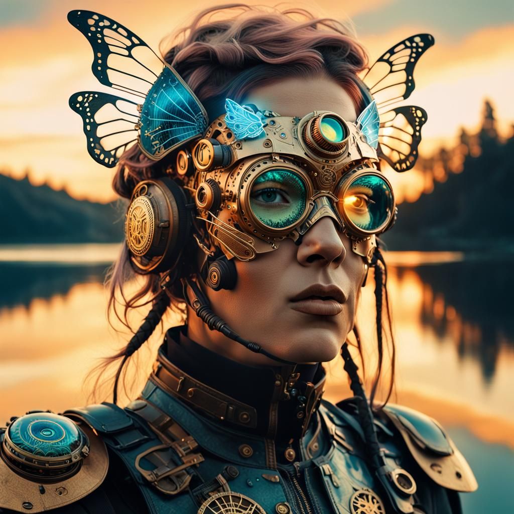 Steampunk Cyborg Valkyrie with Bionic Eye and Gears