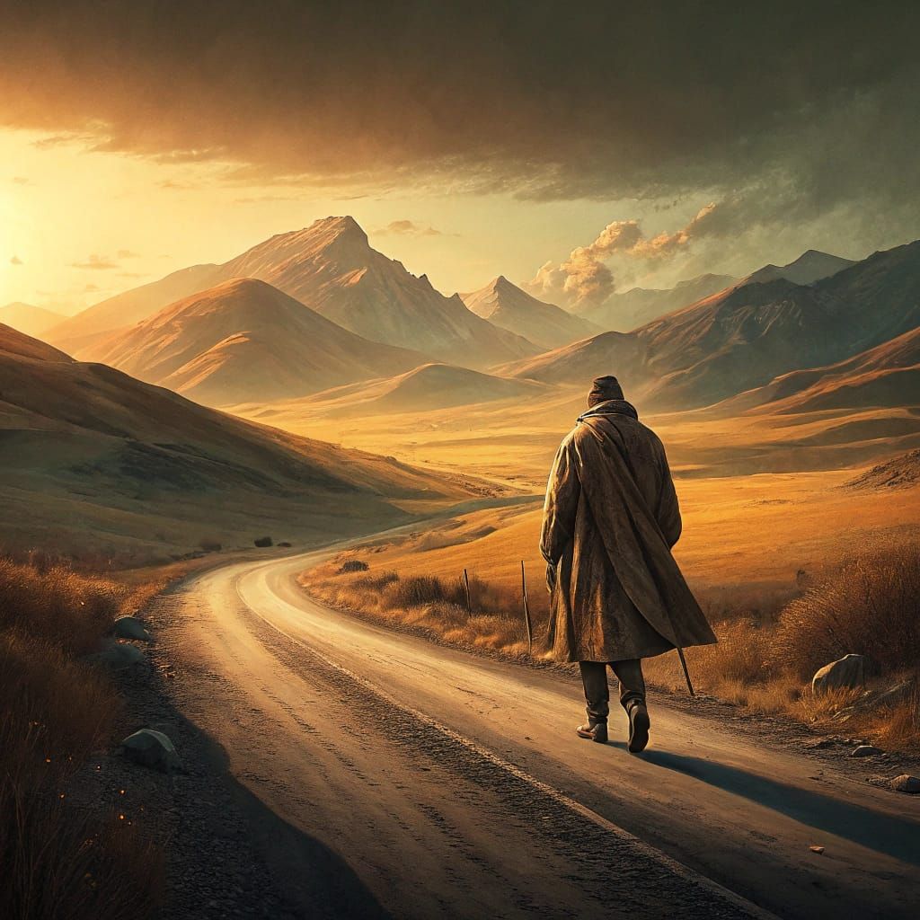 Contemplative Figure Walks Home Amidst Golden Sunset