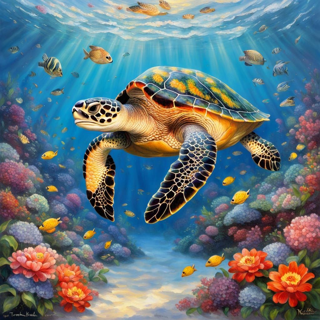 Sea Turtle Adorned with Vibrant Flowers in Impressionist Sty...