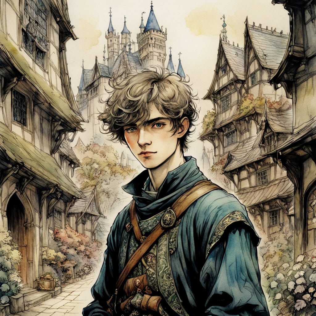 Enchanted Medieval Town Scene in Whimsical Watercolor Style