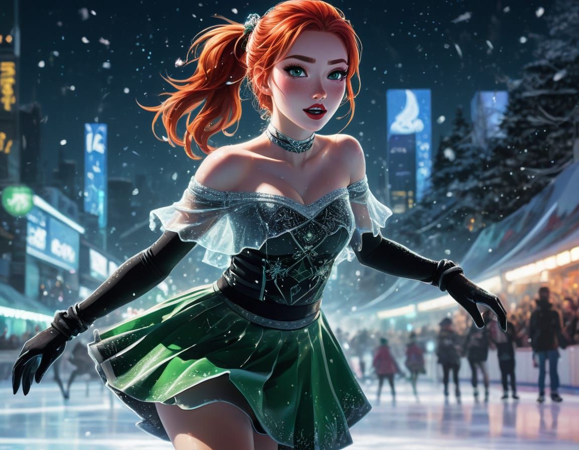 Vibrant Anime Skater in Neon-Lit Winter Wonderland