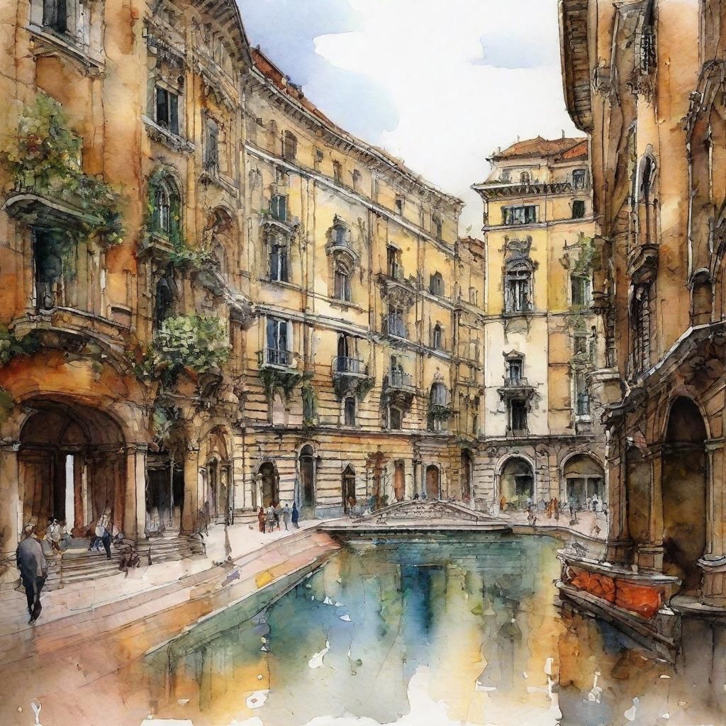 Detailed Watercolor Painting of Italian Plaza