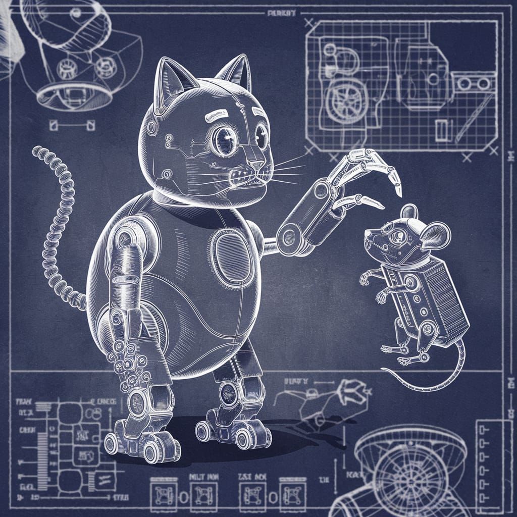 Blueprint Illustration: Robot Cat Catching Mouse