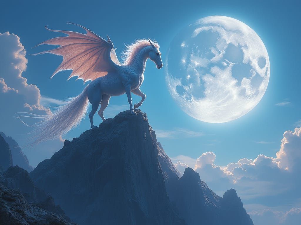A winged dragon horse on top of a mountain, backed by a gian...