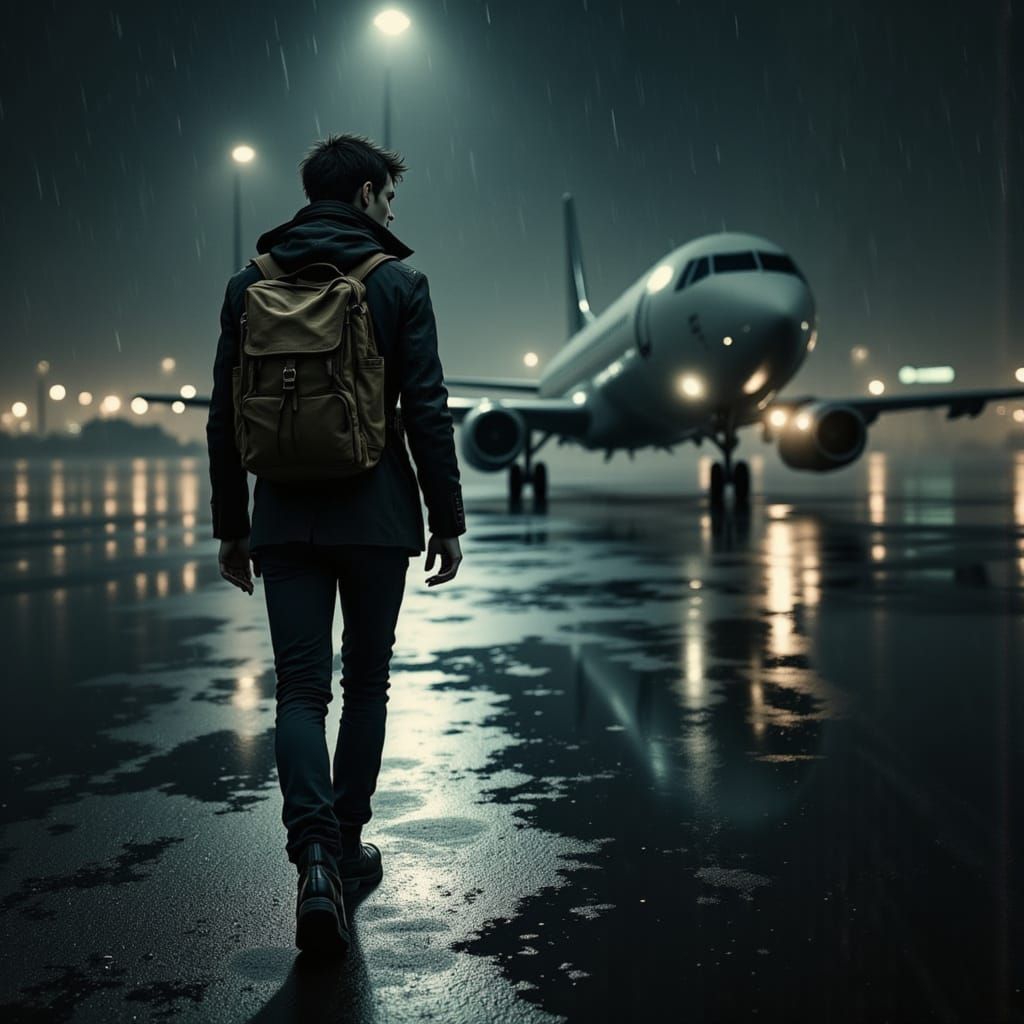 Lone Traveler Steps Off Plane in Rainy Night Airport