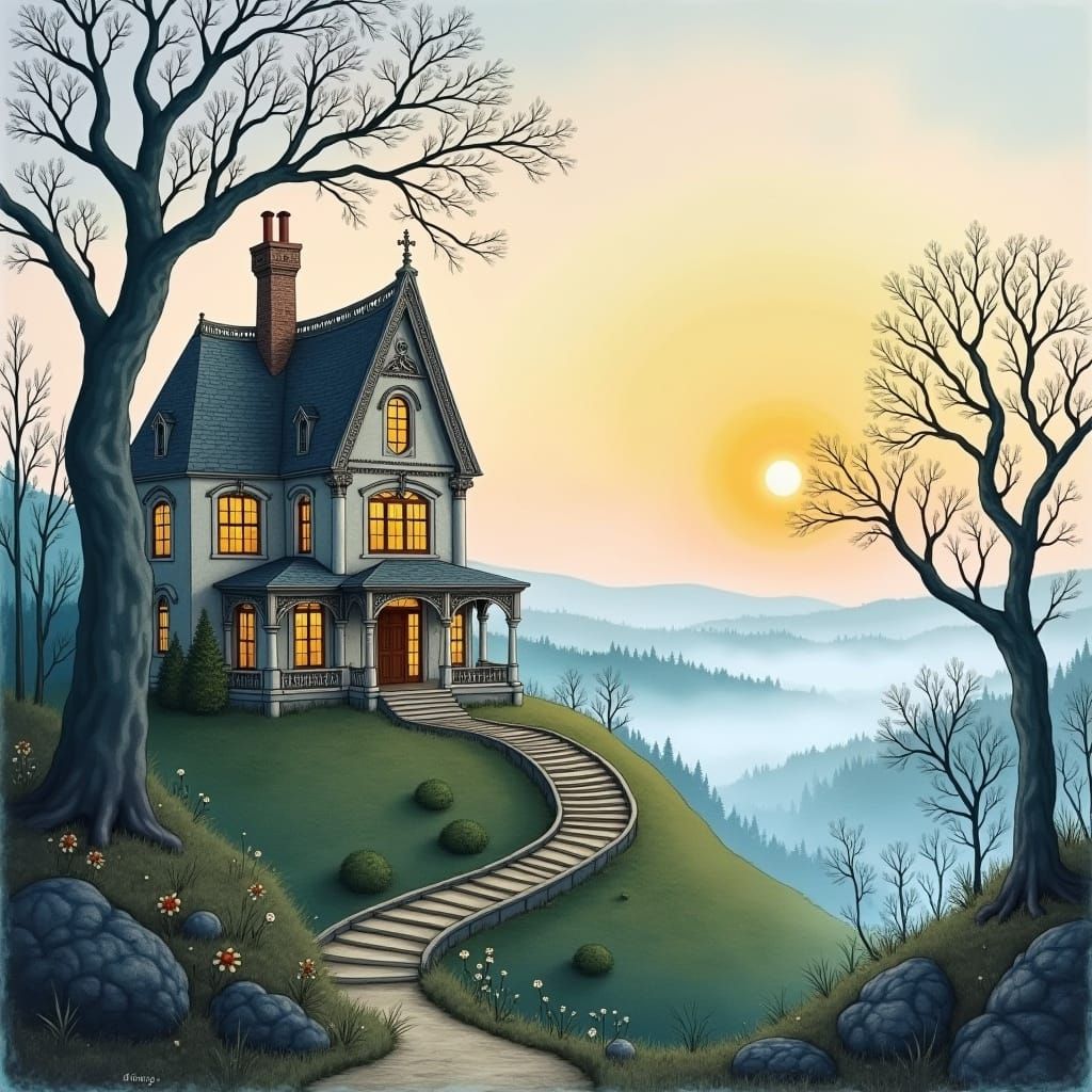 Whimsical Victorian Mansion Amidst Mystical Sunrise
