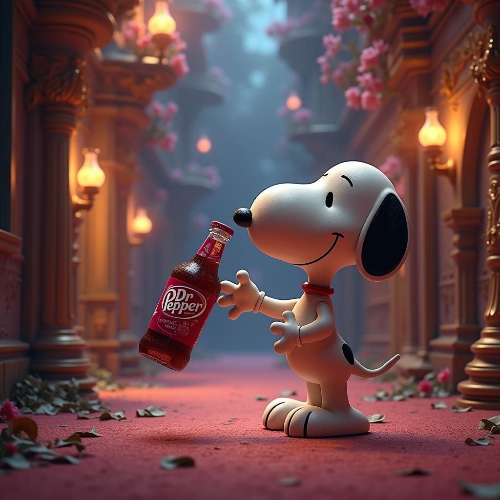 Snoopy Offers Dr. Pepper in Baroque Dreamscape