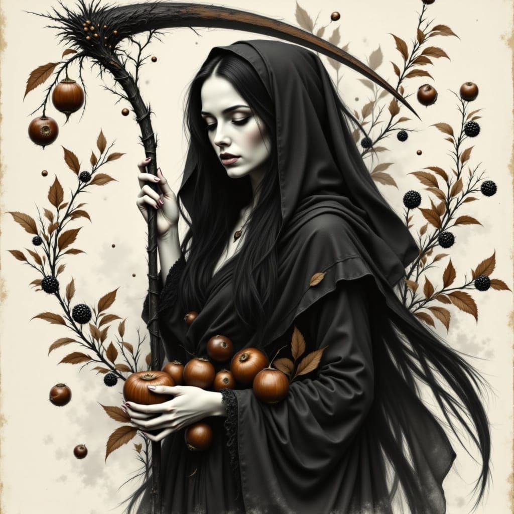 Lady of Death Harvesting Autumn Fruits in Charcoal Style