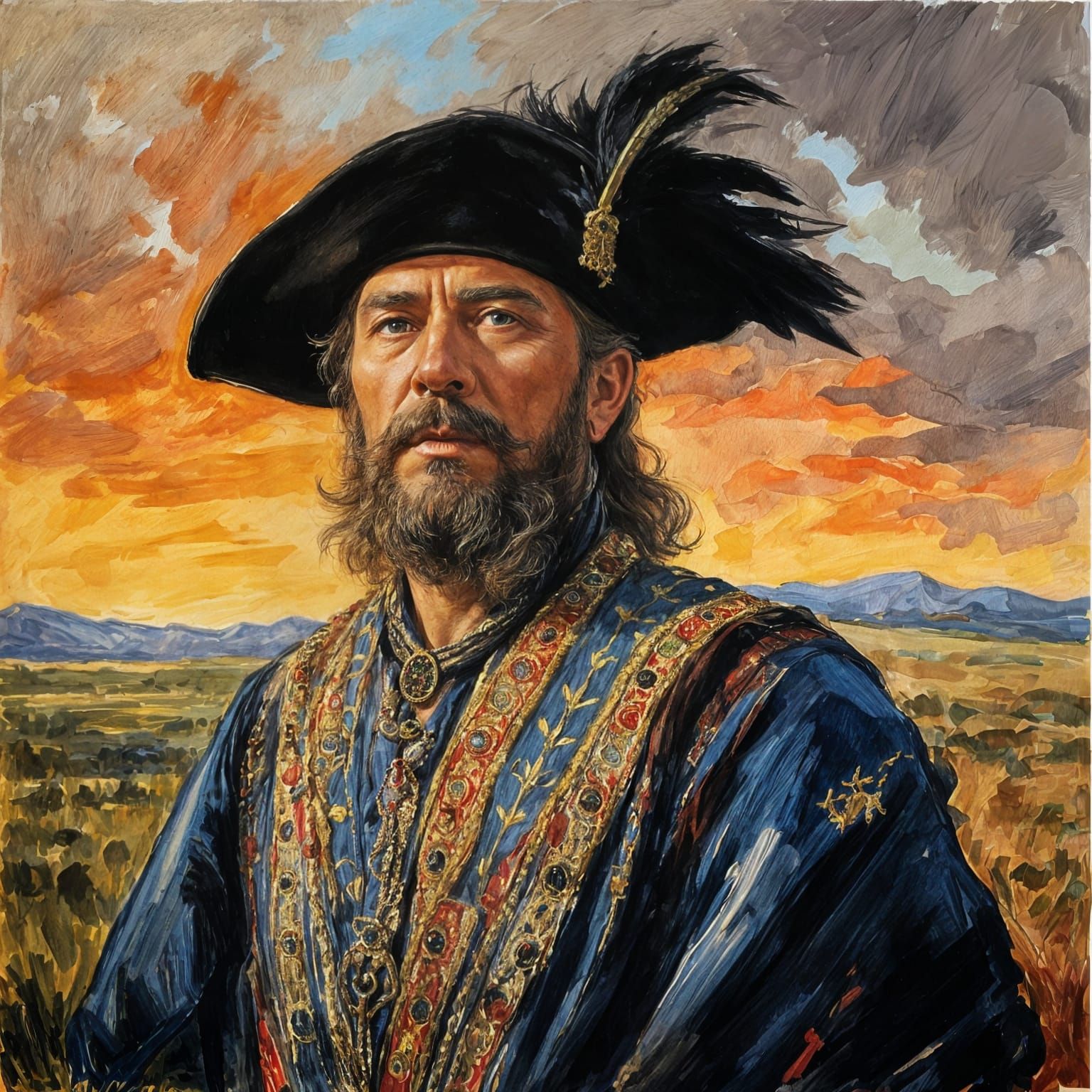 Majestic Ukrainian Hetman Portrait in Crimson Kaftan