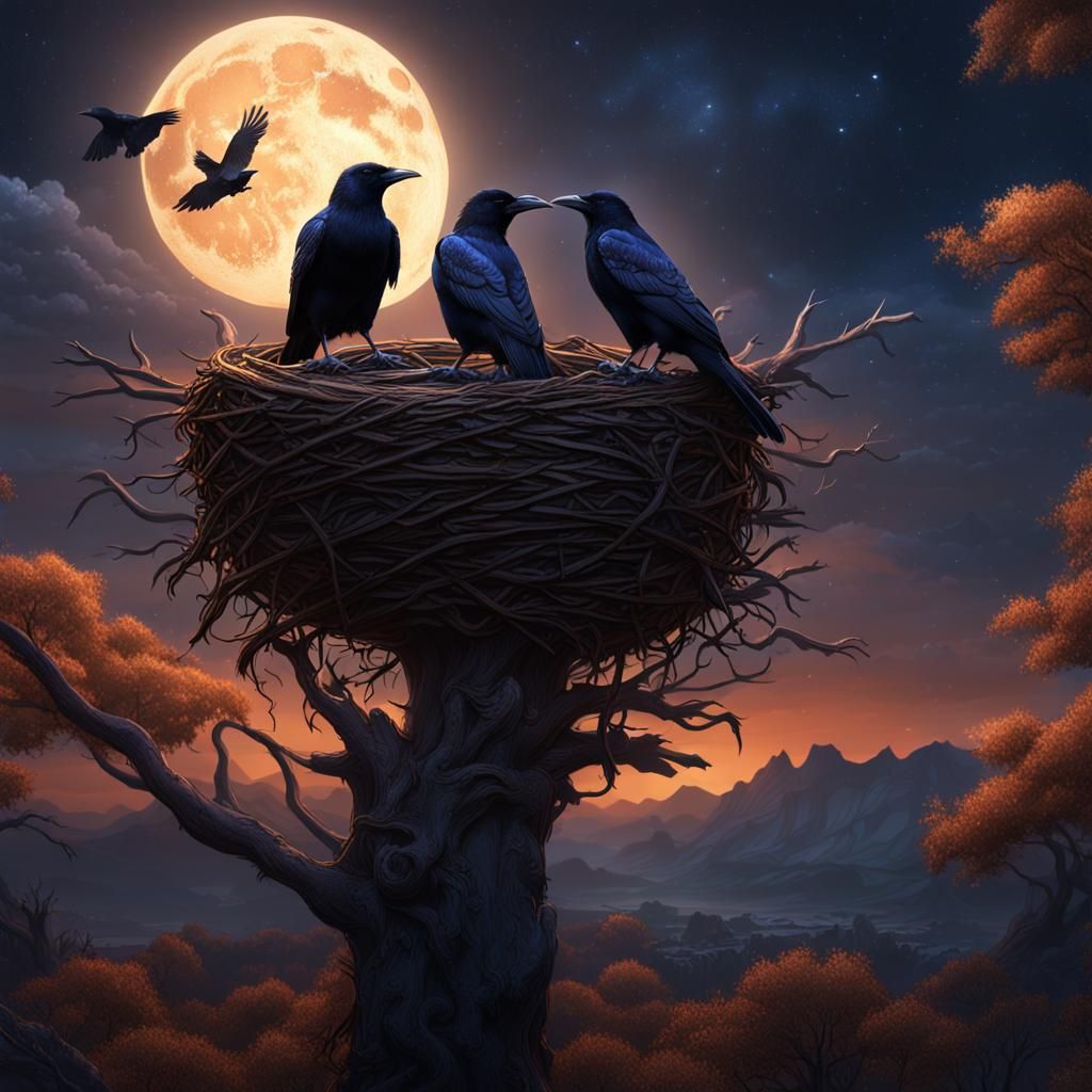 Crows Watching a Fantastical Night Sky