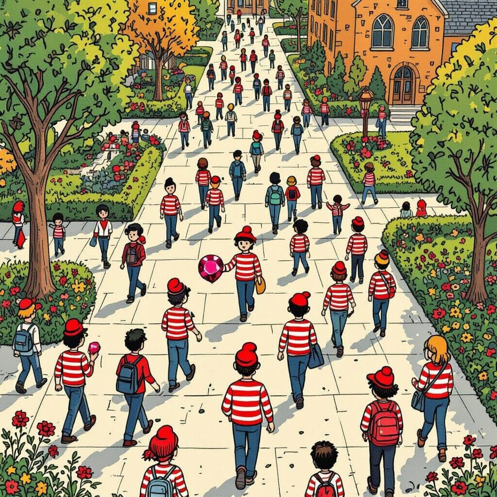 University Campus Scene with Hidden Waldos