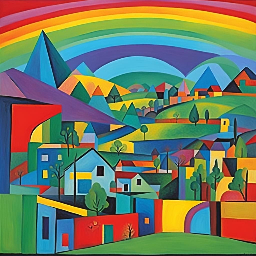 Abstract Rainbow over Rural Valley in Cubist Style