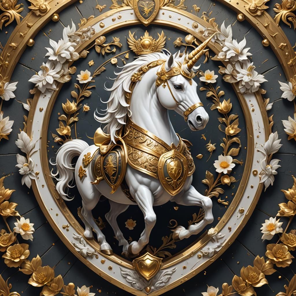 Golden Royal Crest with Unicorn and Lotus Flowers