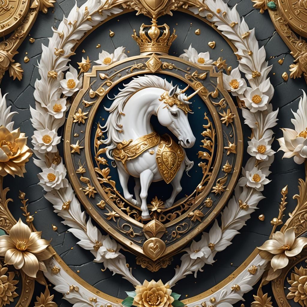 Golden Crest with Unicorn and Lotus Flowers
