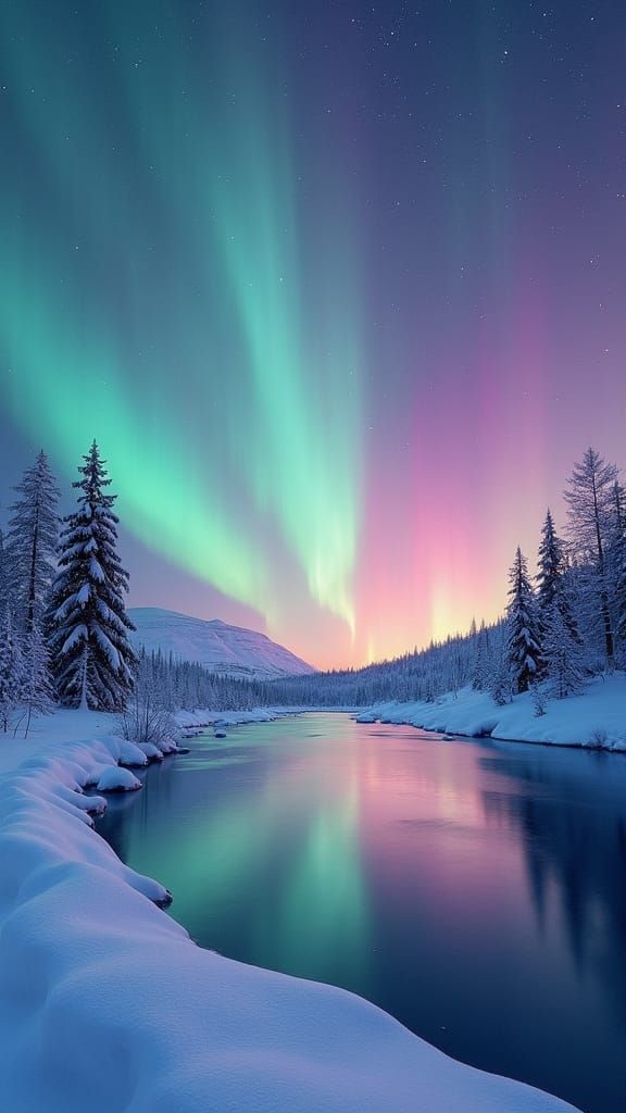 Aurora Borealis Over Frozen Landscape in Abstract Style