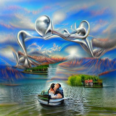 Romantic Couple on Lake in Surreal Airbrush Art