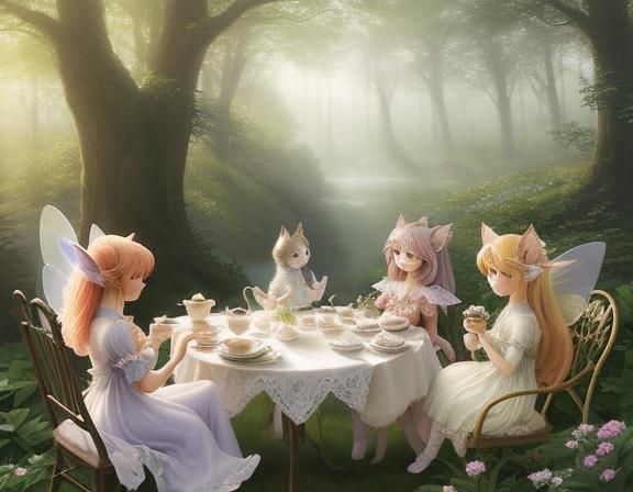 Fairies and Cat Girls Tea Party in Ethereal Light