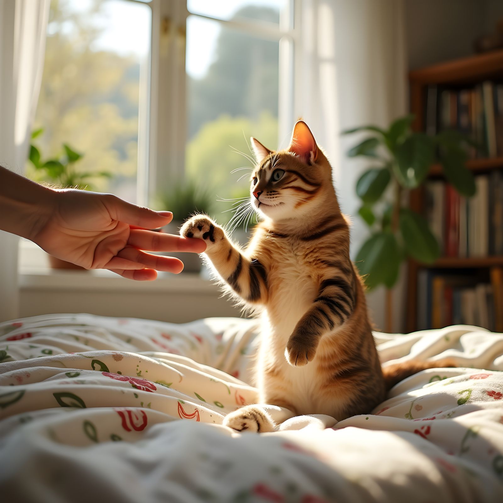 Playful Cat Reaching for a Hand in Sunlight
