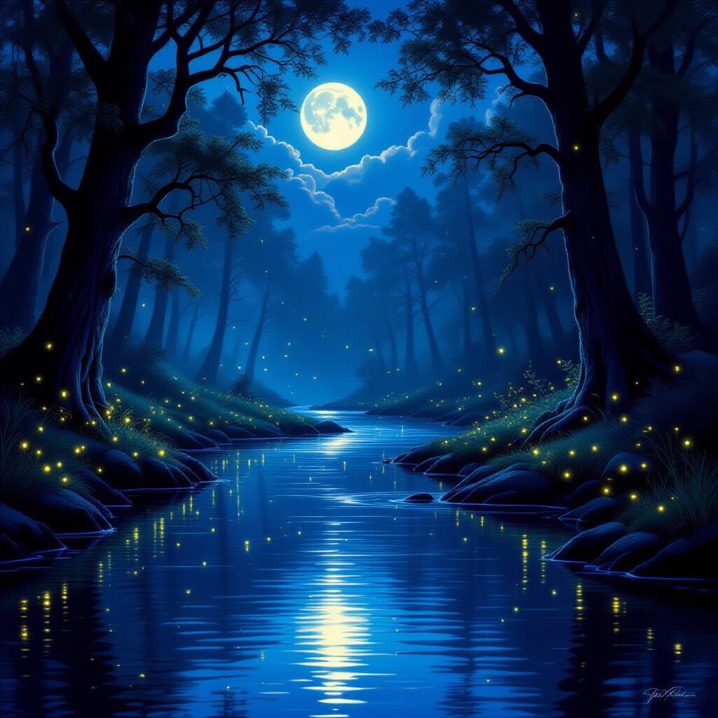 Moonlit River in Enchanted Forest with Fireflies