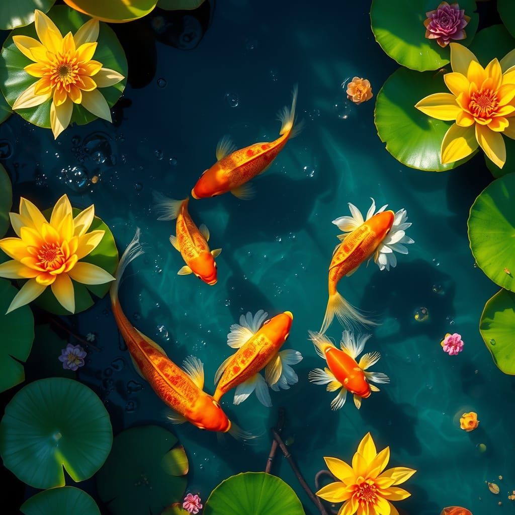 Aerial View of Water Lily Pond with Goldfish
