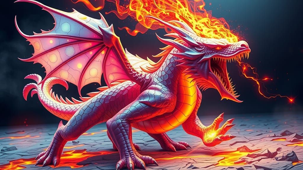 Iridescent Glass Dragon Exhaling Molten Fire