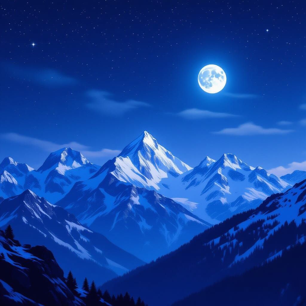 Starry Night Over Snow-Capped Mountains with Full Moon