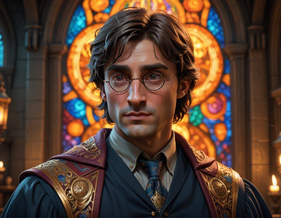 Stunning Wizard in Formal Attire Against Blurred Hogwarts Ba...