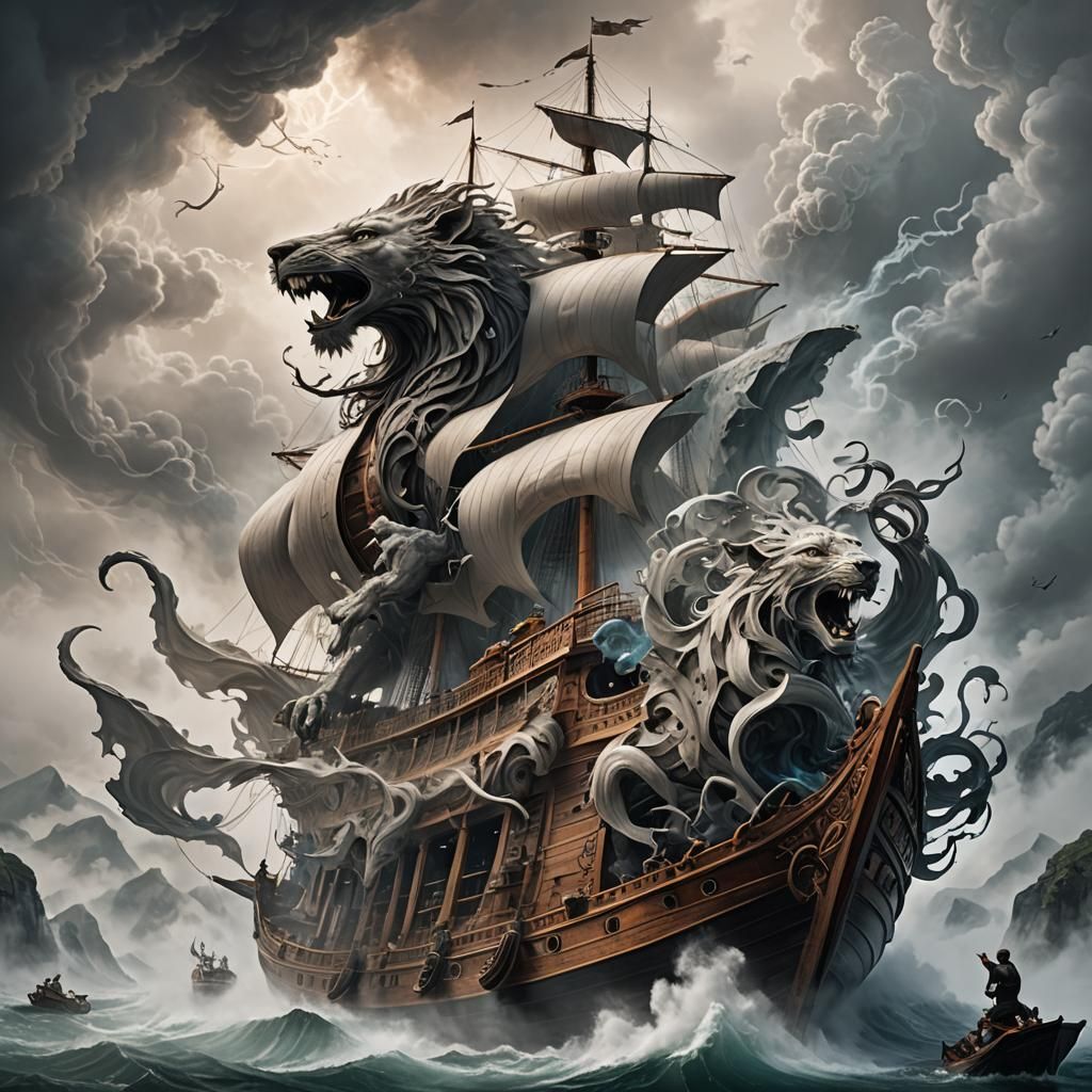 Mystical Animal Ship Sailing Through Dreamy Landscape