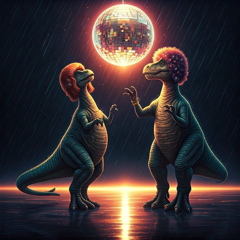 Prehistoric Disco Party in Colorful Vibrant Style