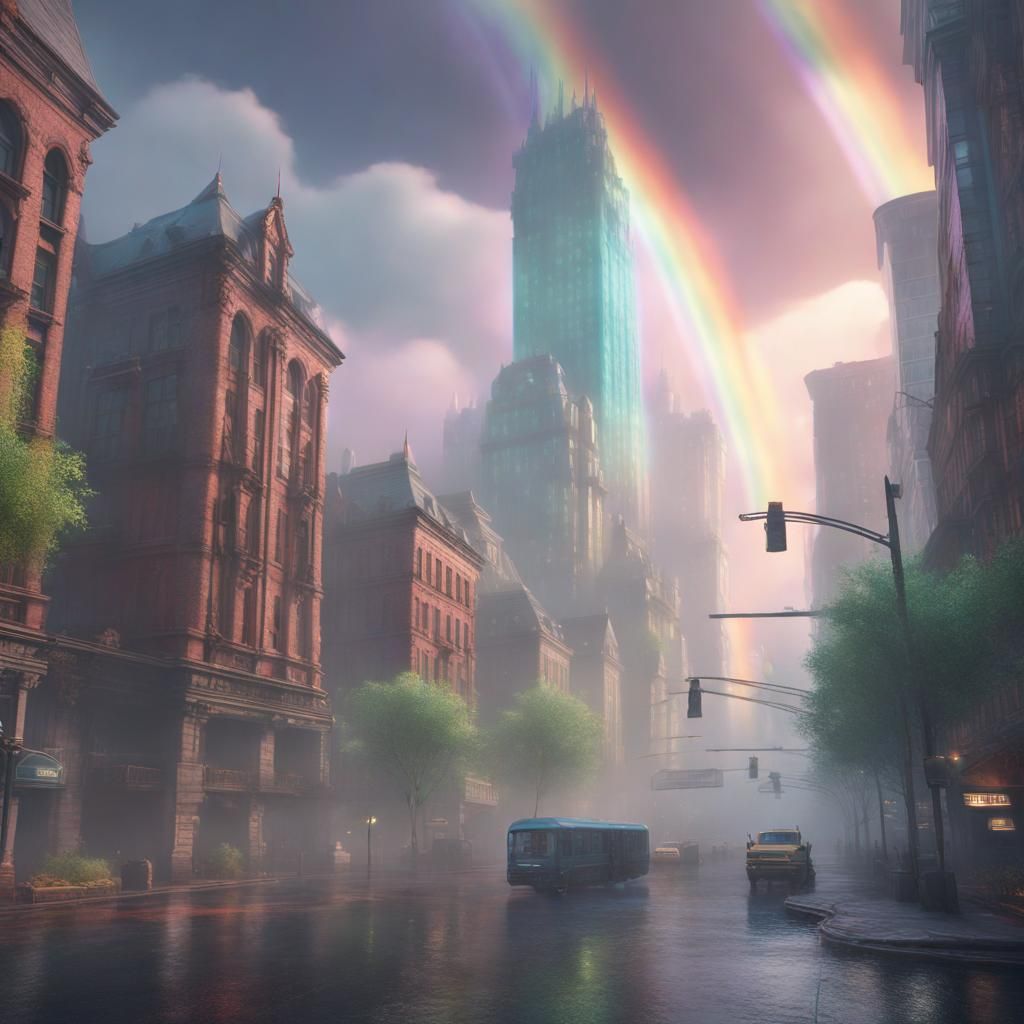 Foggy Cityscape with Dinosaurs in Pastel Rainbow Mist