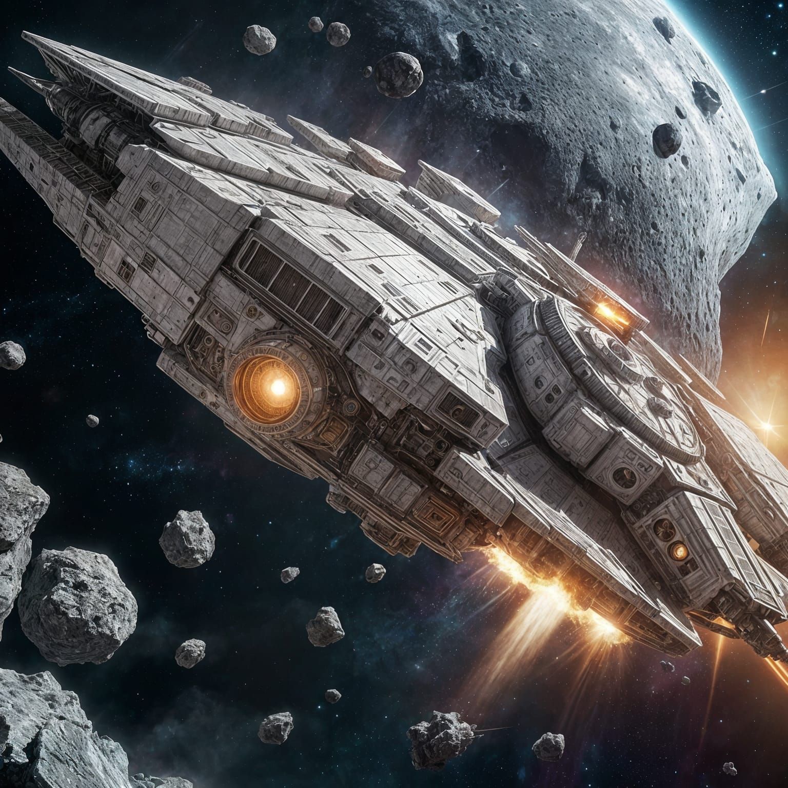 Colossal Space Ship Battles Asteroids in Epic Space War