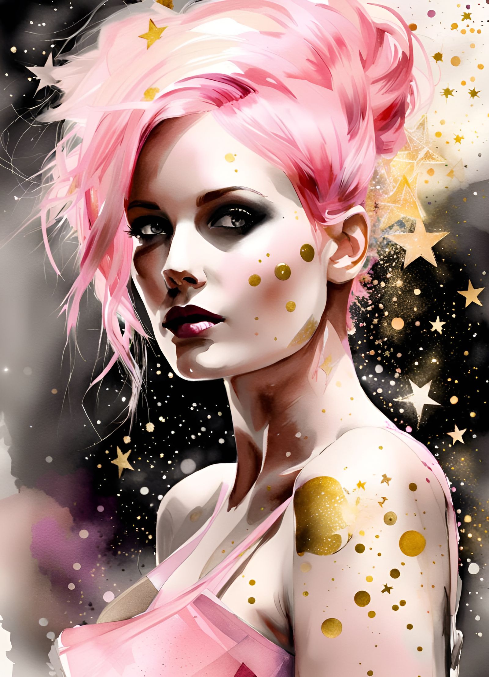 Punk Goddess with Pink Hair in Watercolor Style