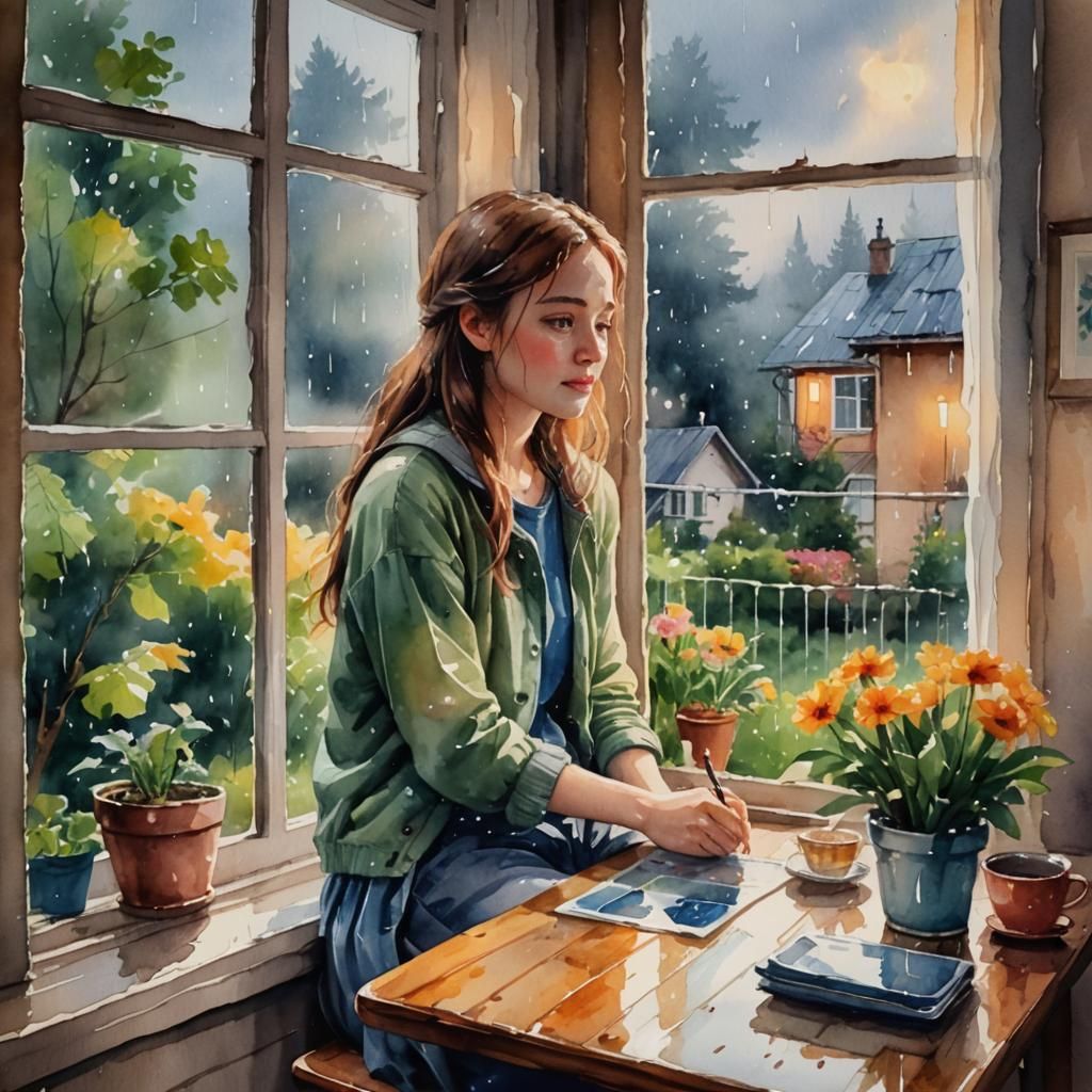 Girl Enjoying Rainy Day View: Watercolor Painting
