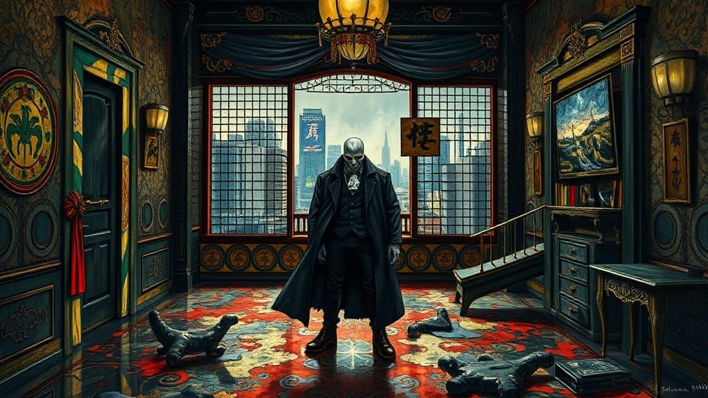 Villain in Ornate Japanese Interior as Impasto Painting