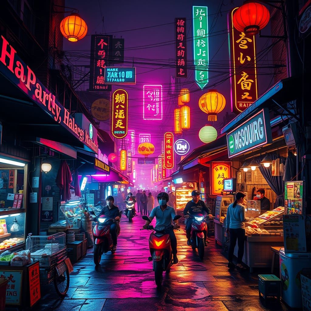 Cyberpunk Night Market Scene in Vibrant Colors