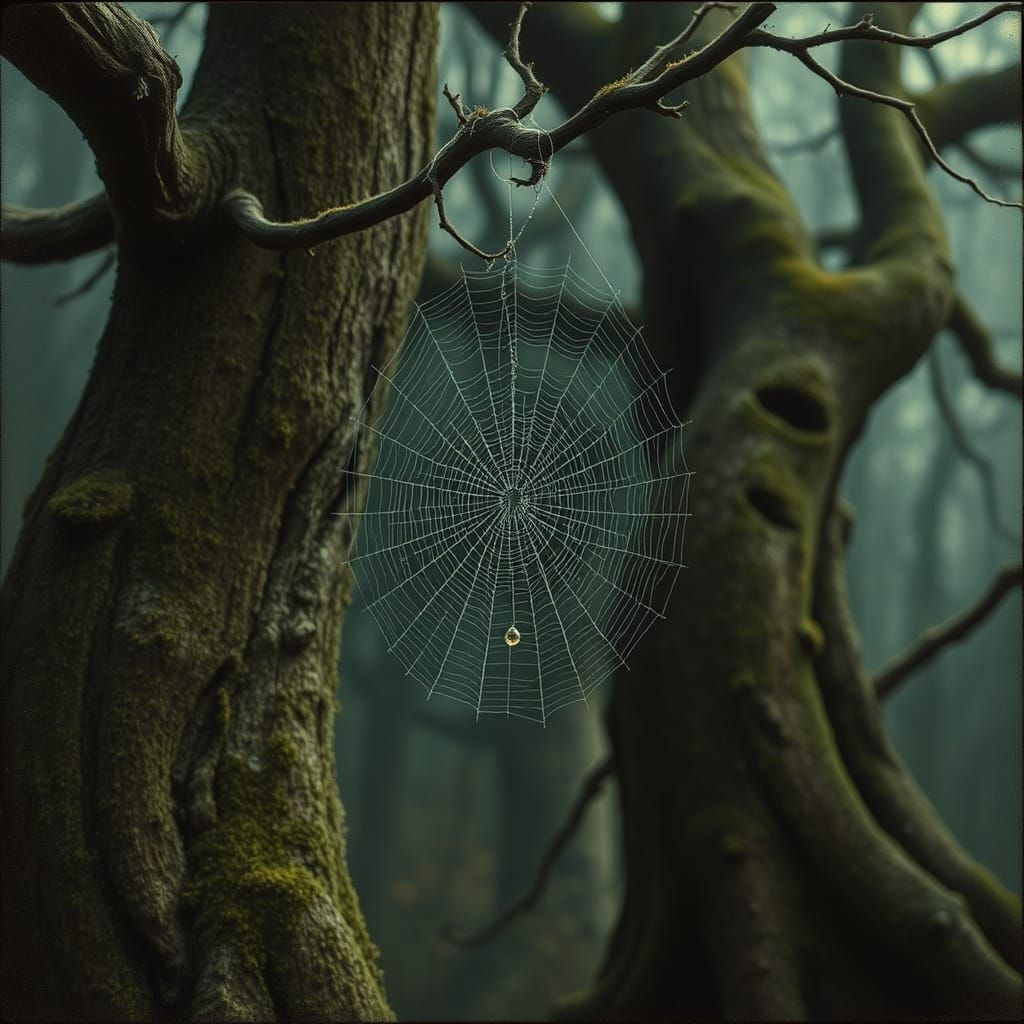 Ancient Trees Shelter a Glistening Spider Web