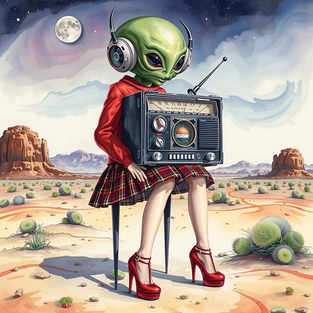 Surreal Desert Scene: Alien Emerges from Radio