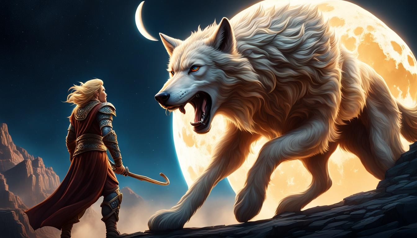 Blond God Pursued by Wolf near Moon, Fantasy Art