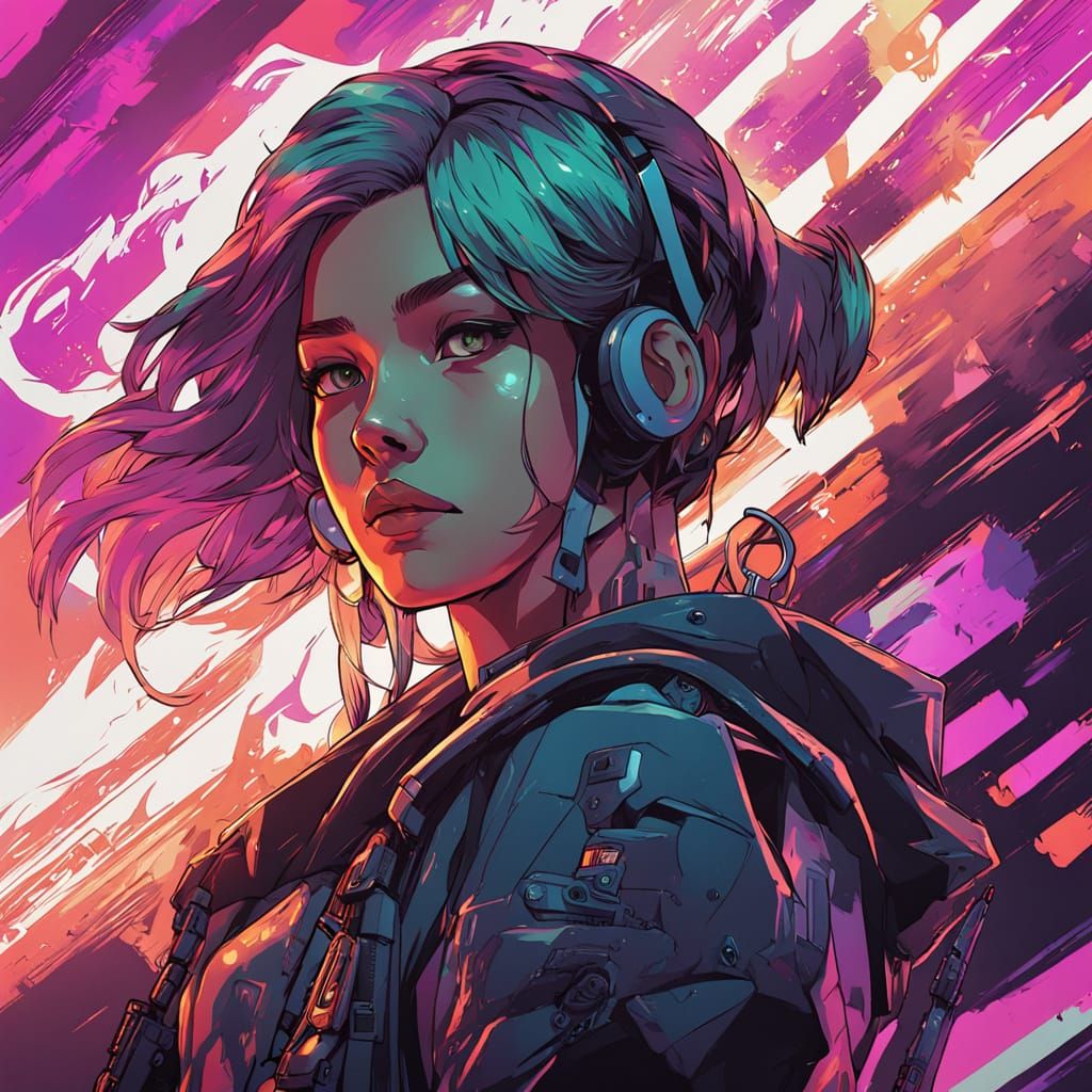 Cyberpunk Goddess in Vibrant, Psychedelic Nightsky