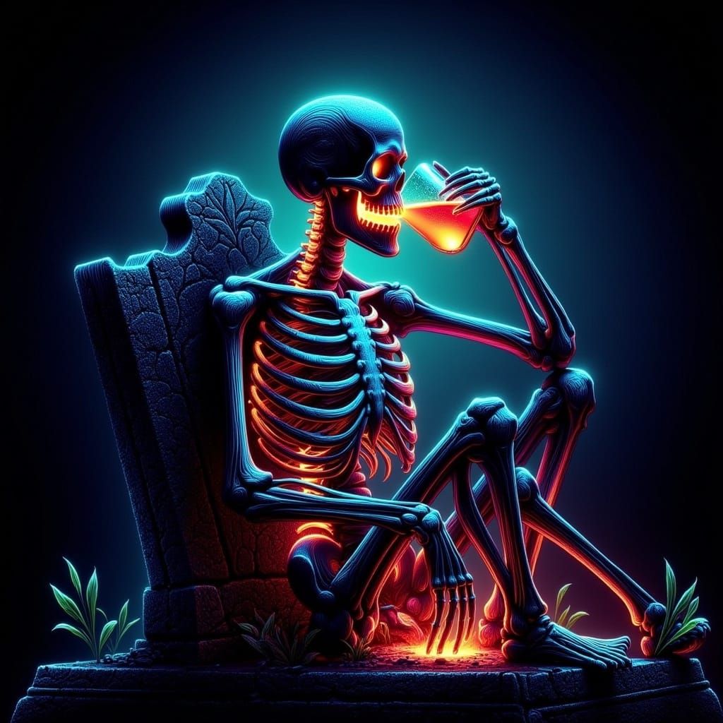 Glowing Skeleton Sips Neon Elixir in Dark Graveyard