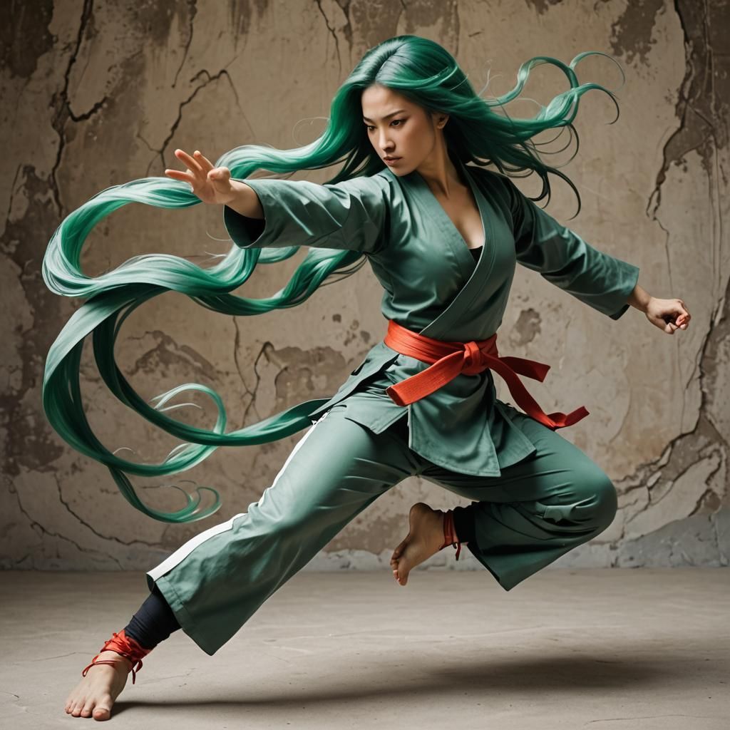 Female Martial Artist with Flowing Jade Hair
