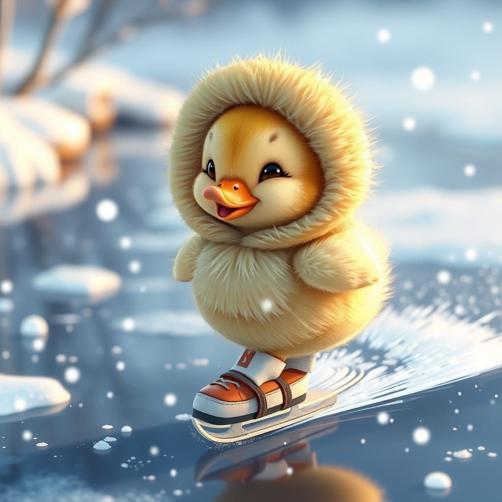 Adorable Duckling on Ice Skates in Winter Wonderland